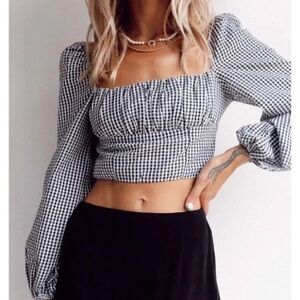 Princess Polly Gingham Puff Sleeve Crop Top Size S